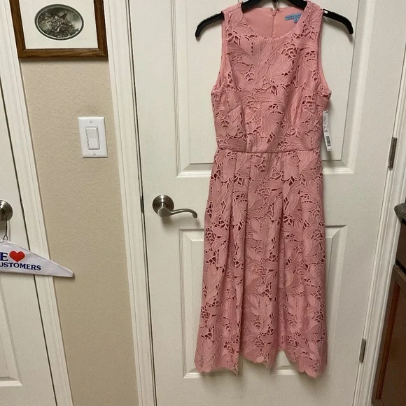 antonio melani pink lace dress Antonio Melani 4 Short Sleeve Shift Dress Lace Overlay Lined Back Zip Pink Ombre